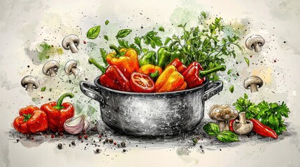  Fresh ingredients in a vibrant kitchen showcase the essence of culinary creativity with colorful vegetables and herbs ready for cooking.