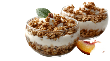 Yogurt Parfait with Granola, Peach, and Mint Isolated on White Background