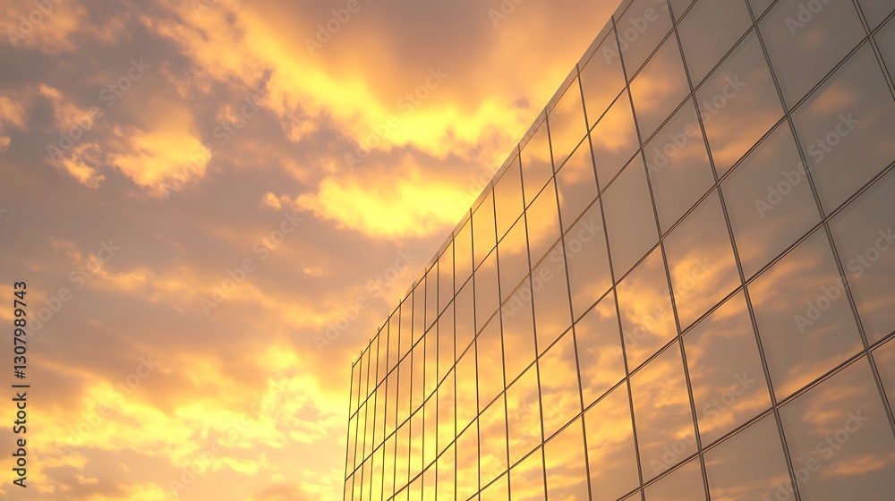 Poster modern building reflecting a vibrant sunset with colorful clouds in the sky.