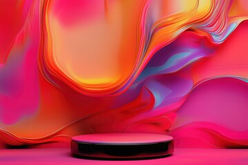 A striking empty podium stand is set against a colorful abstract backdrop featuring wavy patterns in bright hues. Ideal for showcasing new products or promotions in a contemporary environment