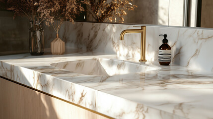 Polished marble countertop with brass fixtures exudes elegance and sophistication in a luxurious contemporary space