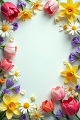 Vibrant spring floral background with tulips, daisies, and daffodils, background, daisies, flowers
