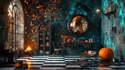 Mystical gothic interior with pumpkins and candlelight