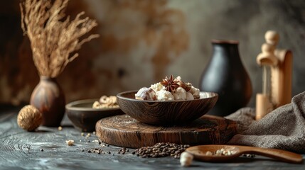 Fototapeta premium Rustic breakfast setup with fresh bread and natural ingredients