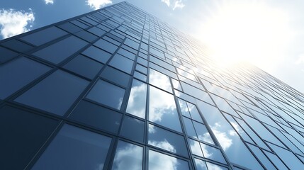 A modern skyscraper reflects the sky and sunlight in an urban setting.