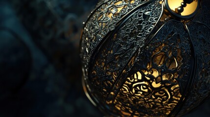 Intricate metalwork on a glowing Ramadan lantern displays ornate details and soft light