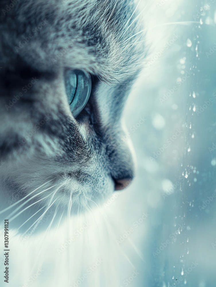 Leinwandbilder soft reflections of a cat observing rain through a window on a muted blue and gray day generative ai