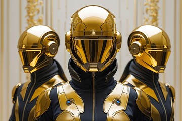 Futuristic Figures in Golden Helmets and Visors Against an Elegant Ivory Background Merging Fantasy and Advanced Technology