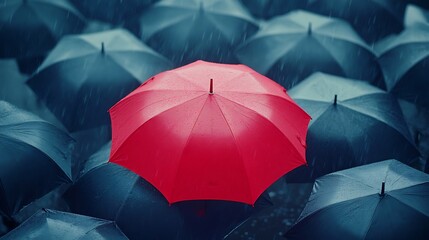 A single red umbrella stands out from other umbrellas in the rain