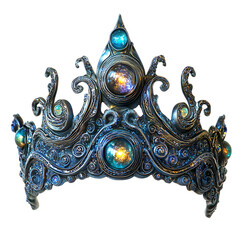 Ancient Atlantean crown encrusted with glowing gems and spiraling aquatic designs, isolated on a white background.