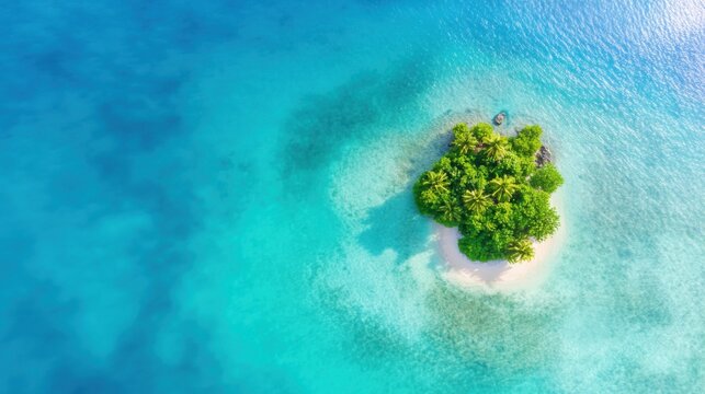 Aerial view of a small tropical island with lush green vegetation and a pristine white sand beach surrounded by turquoise water. - Powered by Adobe