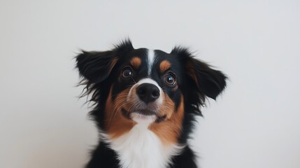 Adorable dog with black white and brown fur looks happy