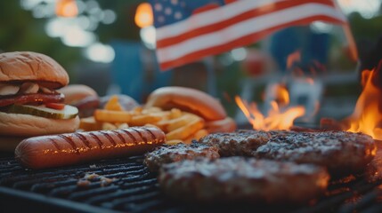 Close up shot of an Independence Day barbecue featuring hot dogs burgers and fries with the American flag blurred in the background