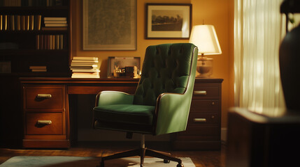 Vintage green office chair paired with a cream-colored study backdrop evokes classic academic charm and timeless design.