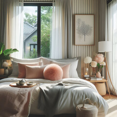  a cozy and stylish bedroom with a warm, inviting ambiance. The bed is adorned with soft, neutral-toned bedding in shades of beige and blush pink, complemented by an assortment of plush pillows