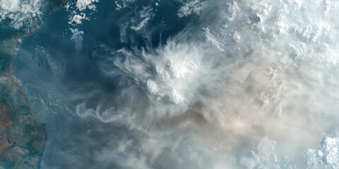 Fototapeta premium Aerial view of a cloudy atmosphere over land, showcasing swirling patterns of clouds and smoke, capturing a dynamic interplay between weather and environment.