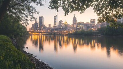City skyline reflecting on water at dawn, framed by trees.