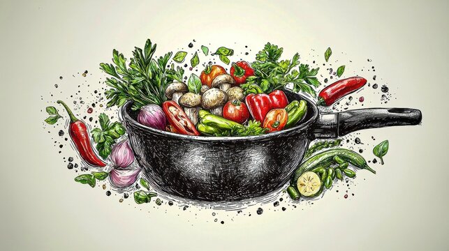 Vibrant vegetables and herbs in a skillet creating a wellness and culinary masterpiece for food lovers and health enthusiasts alike.