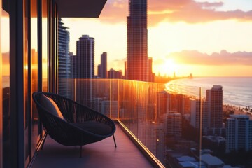 Fototapeta premium Close-up shot of a balcony railing, a modern luxury apartment overlooking the city with a view of the Gold Coast beach and skyscrapers Generative AI
