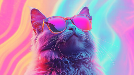 A vaporwave kitty with tinted shades and cascading neon lights embodies retro-futuristic cool and vibrant nostalgia.