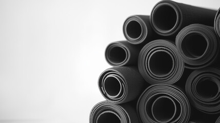 Assorted rolled yoga mats arranged on pristine white surface, evoking peaceful balance and mindful practice