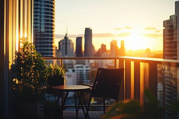Close-up shot of a balcony with a chair and table, with a view of the city skyline in Brisbane in the background, featuring high-rise buildings, in daylight with natural lighting and warm tones Genera