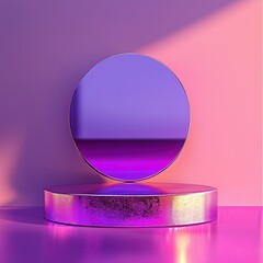 A polished metal podium stands elegantly against a purple backdrop, featuring a circular mirror reflecting the vibrant hues, creating an ideal setting for product showcase