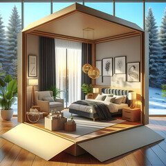  a luxurious and modern bedroom with a breathtaking nighttime view The room features a large bed with elegant bedding, soft pillows, and a cozy blanket draped across it The walls are adorned 
