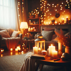  A cozy and warmly lit living space with a strong hygge-inspired atmosphere A wooden coffee table in the foreground holds an assortment of glowing candles, a rustic lantern, and a book