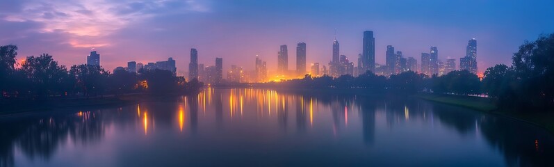 Fototapeta premium City skyline at dawn reflecting on water, showcasing vibrant colors and silhouettes of buildings.