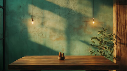 Rustic wooden dining table paired with an earthy green backdrop, evoking warm, natural charm.