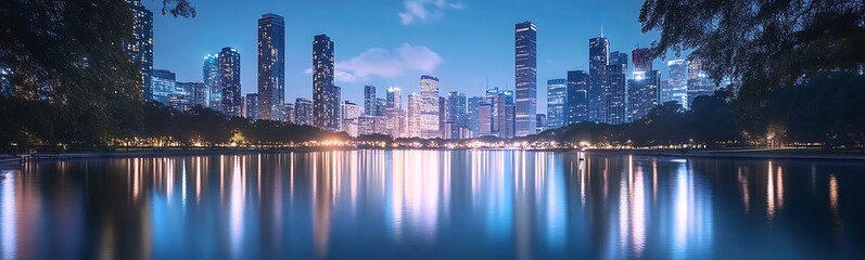 Serene city skyline at dusk with reflections on water and illuminated buildings.