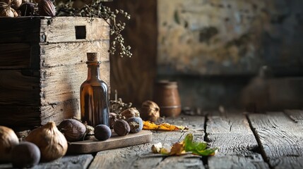 Rustic still life with aged wooden objects