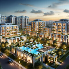  a luxurious residential complex at dusk, featuring modern multi-story buildings with large glass windows and spacious balconies The architecture blends contemporary and classic elements, surrounded 