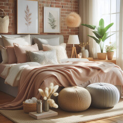  a cozy and stylish bedroom with a warm, inviting ambiance. The bed is adorned with soft, neutral-toned bedding in shades of beige and blush pink, complemented by an assortment of plush pillows