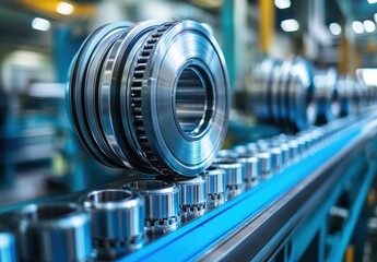 Fototapeta premium Precision Manufacturing Process of Metal Bearings on Production Line in Modern Factory with Advanced Machinery and Tools Displaying High Quality Metal Work