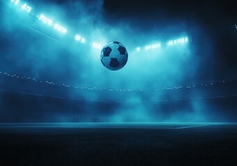 Soccer Ball in Flight Above Stadium at Night