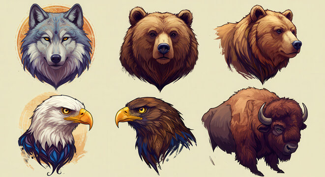 Vector Art Illustrations of Wolf, Bear, and Eagle in Stylized Modern Art Style Featuring Wild Animal Heads