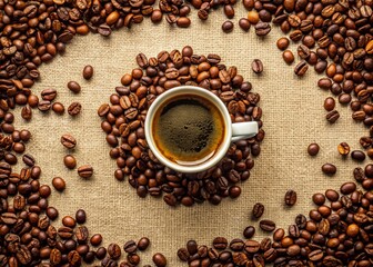 Naklejka premium Aerial View of Coffee Mug, Beans & Beige Tablecloth - Panoramic Stock Photo