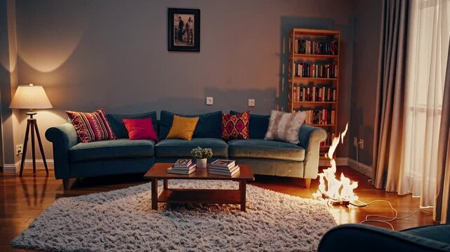 Fire Ignites from Electrical Wires in a Cozy Living Room &ndash; Flames, Smoke, and Chaos Highlighting the Danger of Electrical Faults in a Warm, Domestic Setting