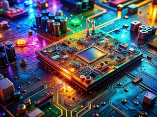 Fototapeta premium Aerial View of Complex Electronic Circuit Board with Abstract Fluid Art Overlay