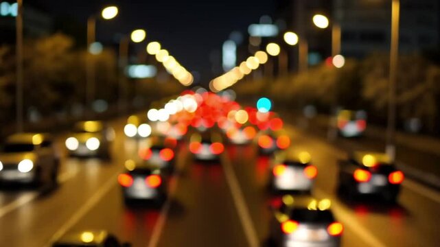 Paris night with Traffic Flowing at Night with Defocused Lights Creating Bokeh Effect