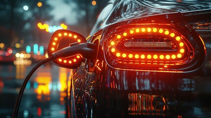 A close-up of an electric car charging with vibrant lights reflecting on a wet surface.