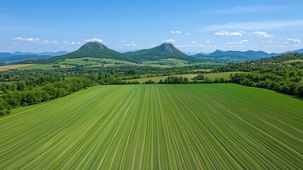Obraz premium Aerial view of lush green fields with rolling hills and mountains under a clear blue sky.