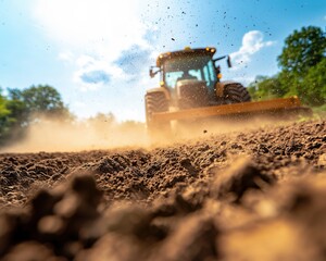 Fototapeta premium A tractor working on a field, creating dust while plowing the soil under a blue sky.