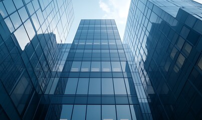 Fototapeta premium Tall glass buildings reflecting the sky create a modern urban scene from a low angle perspective.