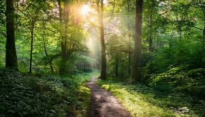Naklejka premium a serene pathway winds through a lush green forest illuminated by sunlight creating a peaceful and inviting atmosphere
