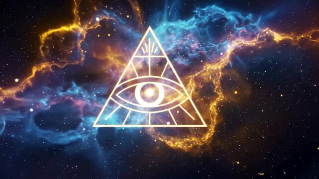 Glowing Triangle Illuminati Symbol Floating in Galaxy with Stars suitable for futuristic designs, technology concepts, digital backgrounds, and scifi themed projects.