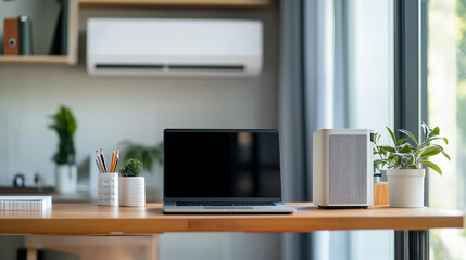 Desk air conditioner near a modern workspace, seamlessly integrating cool technology into a streamlined office environment.