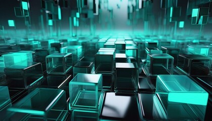 Fototapeta premium innovative tech background with neatly arranged translucent cubes turquoise and black 3d render
